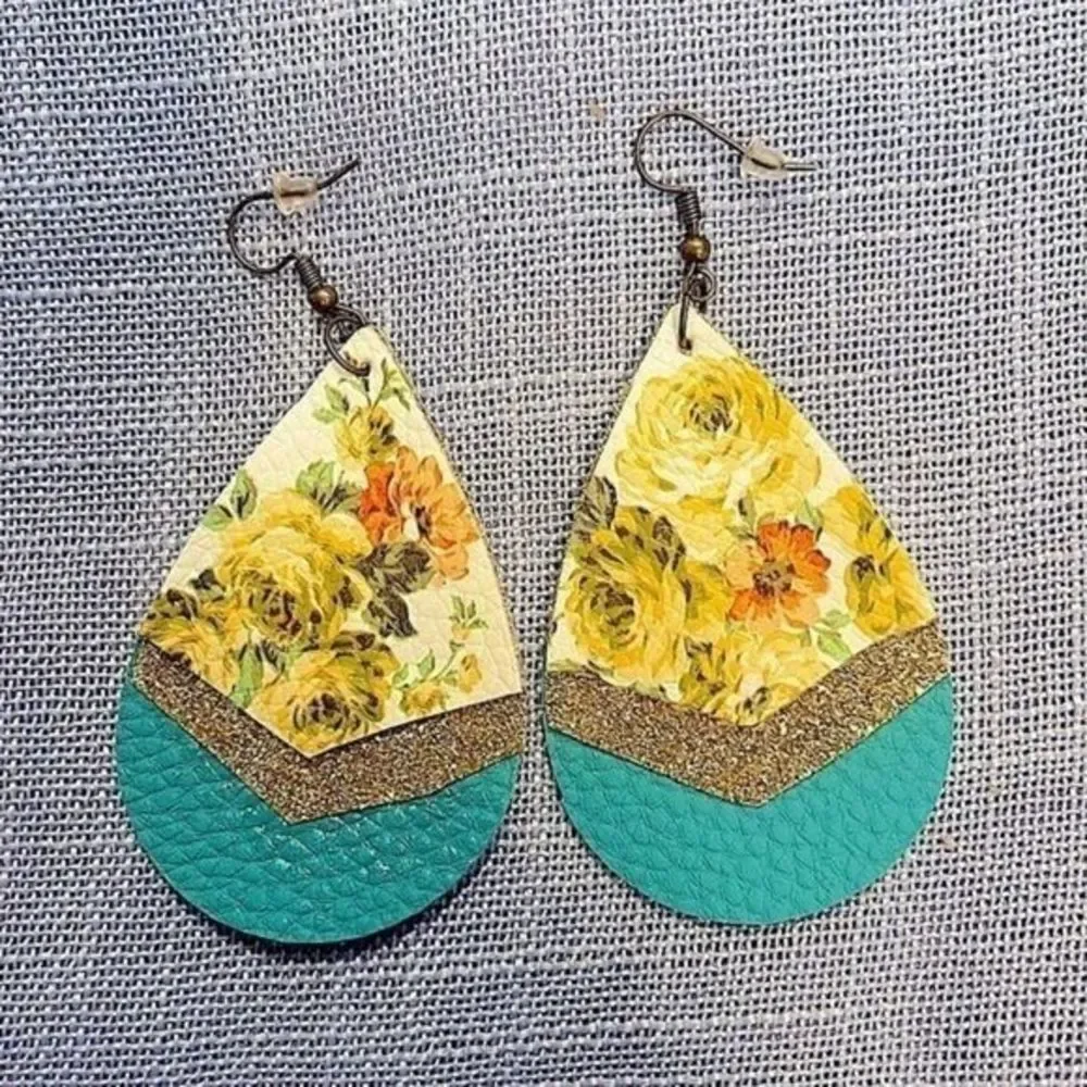 Rose 3 tone‎ Leather Flower Earrings